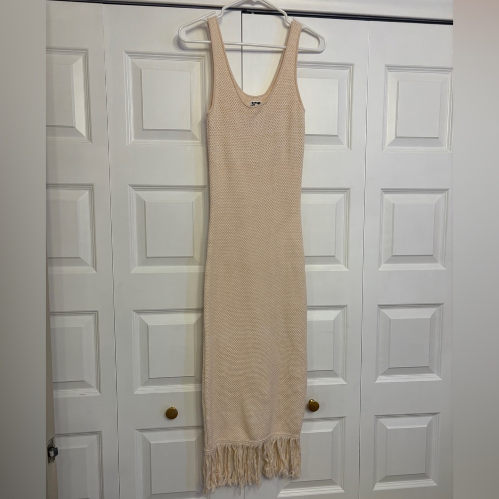 Cream Woven Sleeveless Dress with Fringe